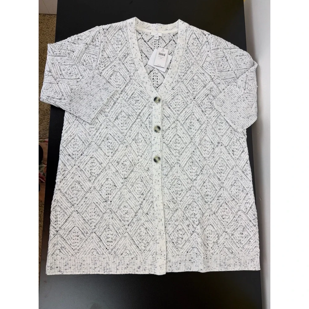 J. Jill 2X‎ Soft Neutral Marled Knit Long Button Cardigan Sweater Open Weave